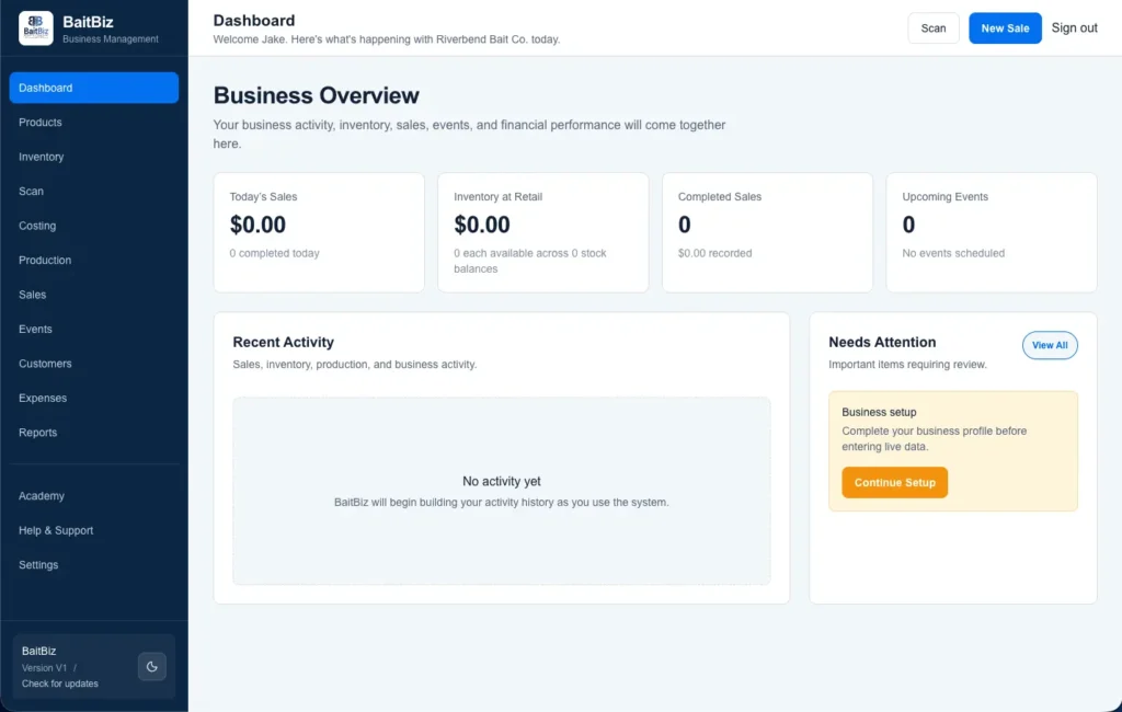 BaitBiz business management dashboard showing sales, inventory, events and business activity